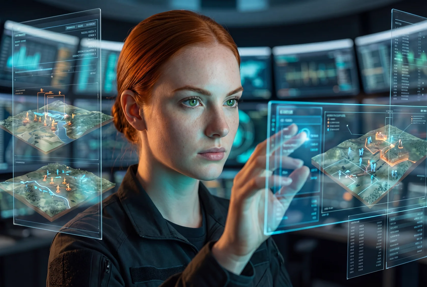 Concept visualization of a human operator reviewing a simulated terrain exercise