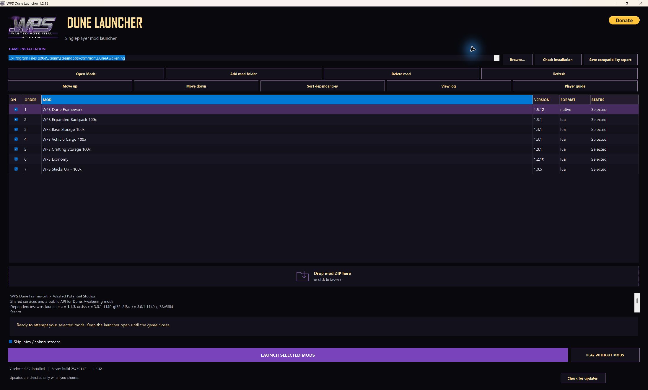 WPS Dune Launcher showing Framework and selected gameplay mods