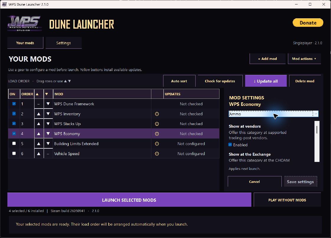 Actual launcher showing Economy settings and category navigation