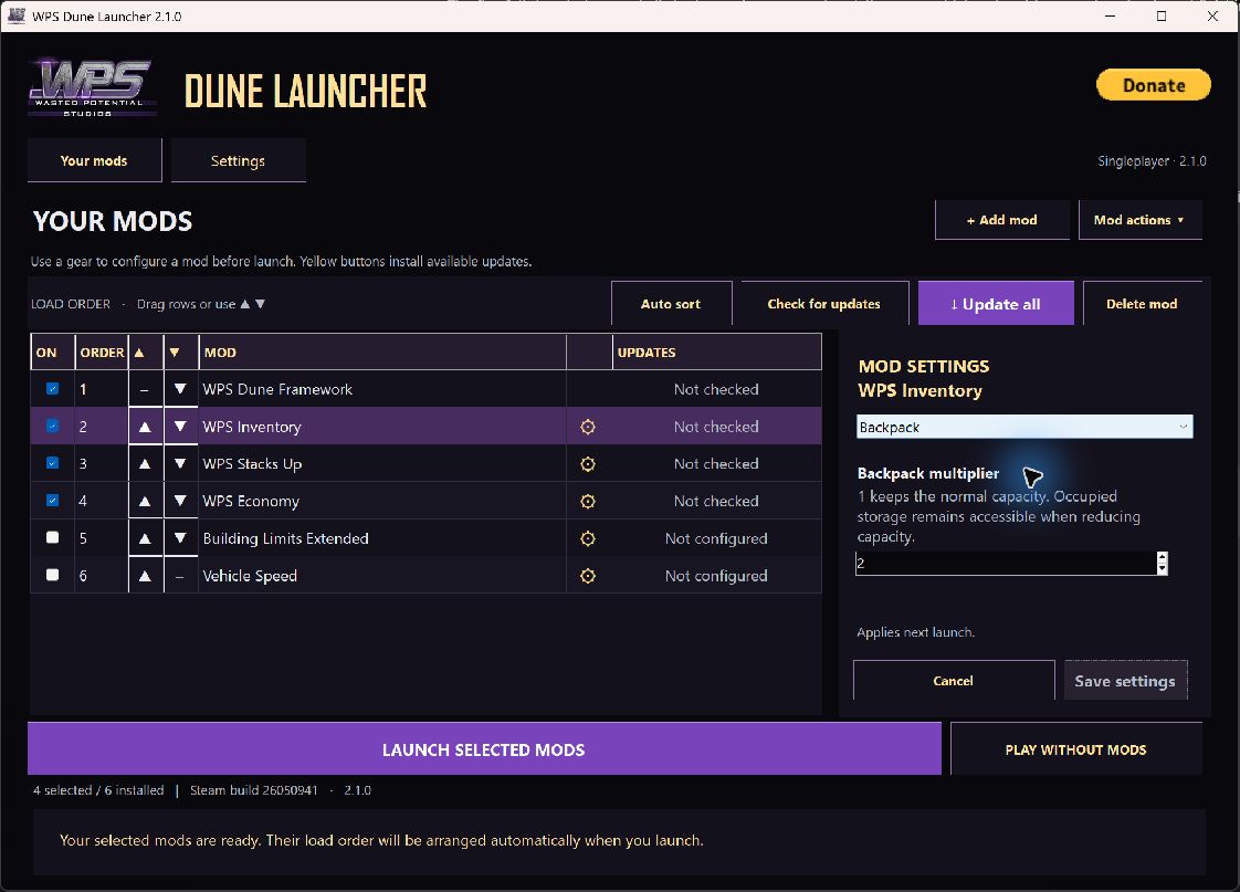 Actual launcher showing the WPS Inventory settings side panel