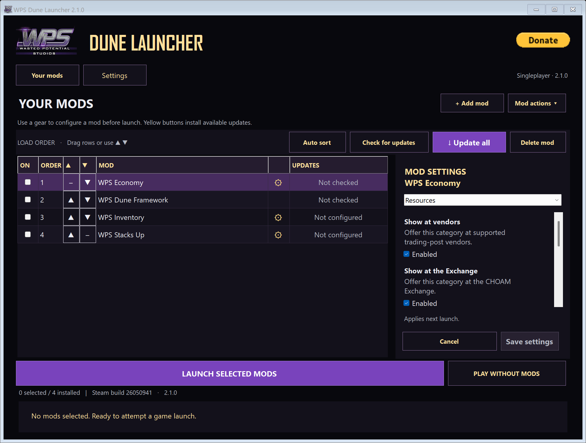 Actual launcher showing Economy settings and category navigation