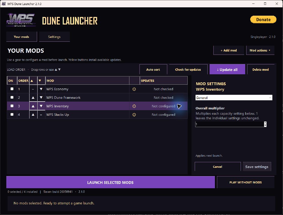 Actual launcher showing the WPS Inventory settings side panel